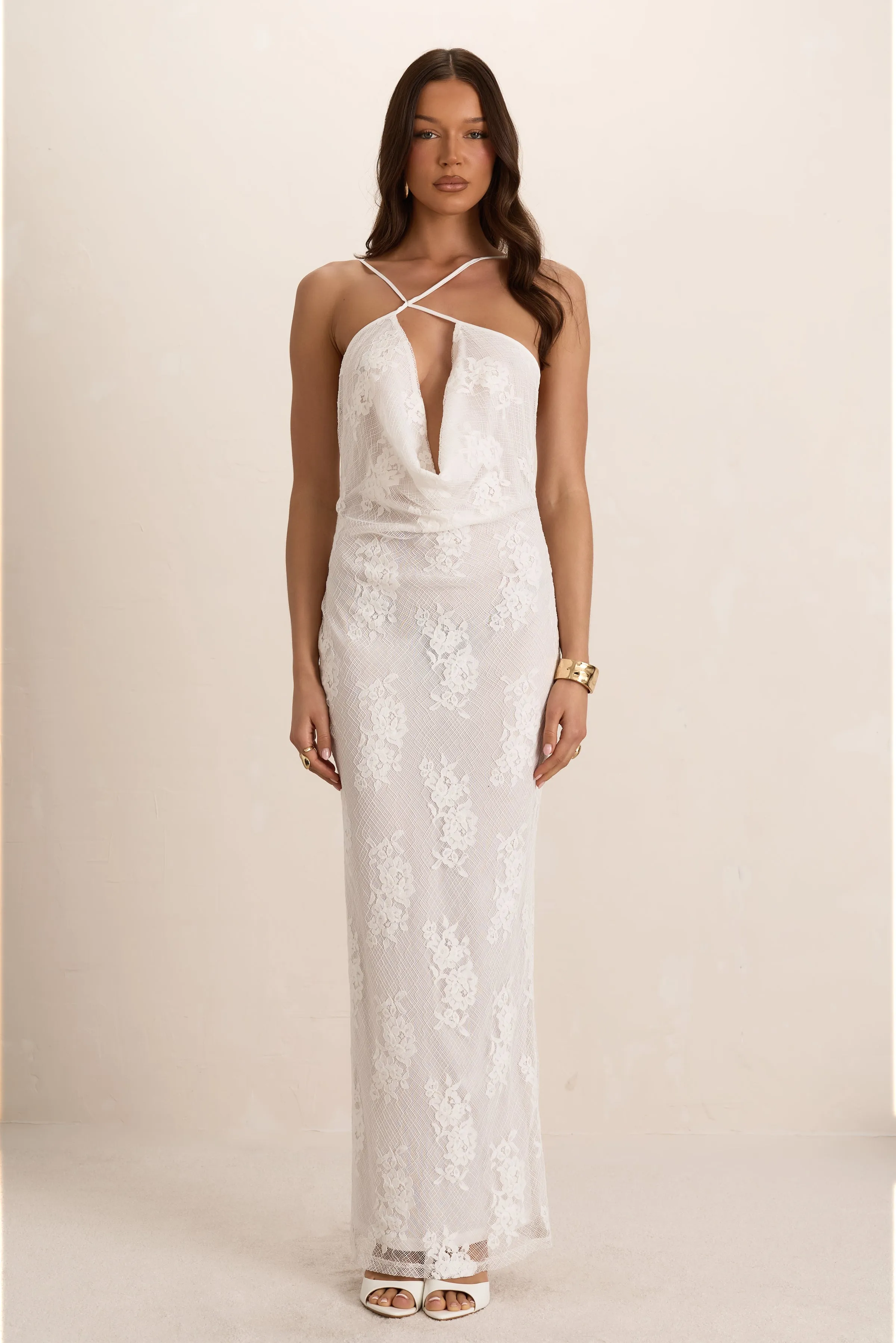 White Lace Cowl Maxi Dress sold by Missy Empire
