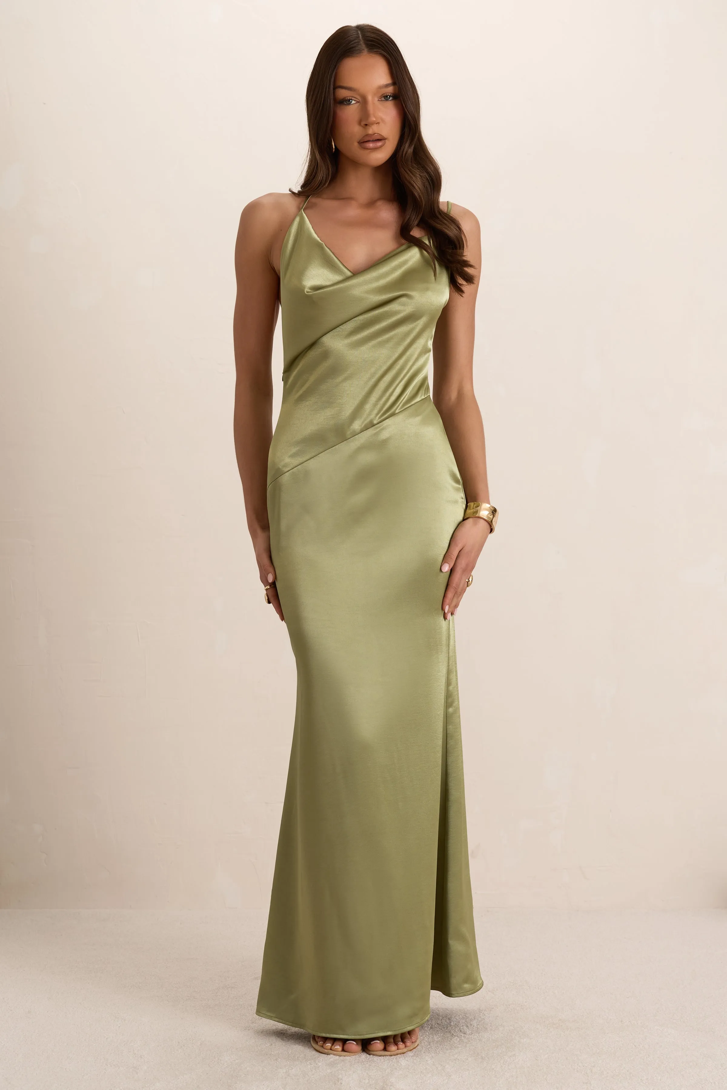 Green Satin Asymmetrical Cowl Seam Maxi Dress sold by Missy Empire