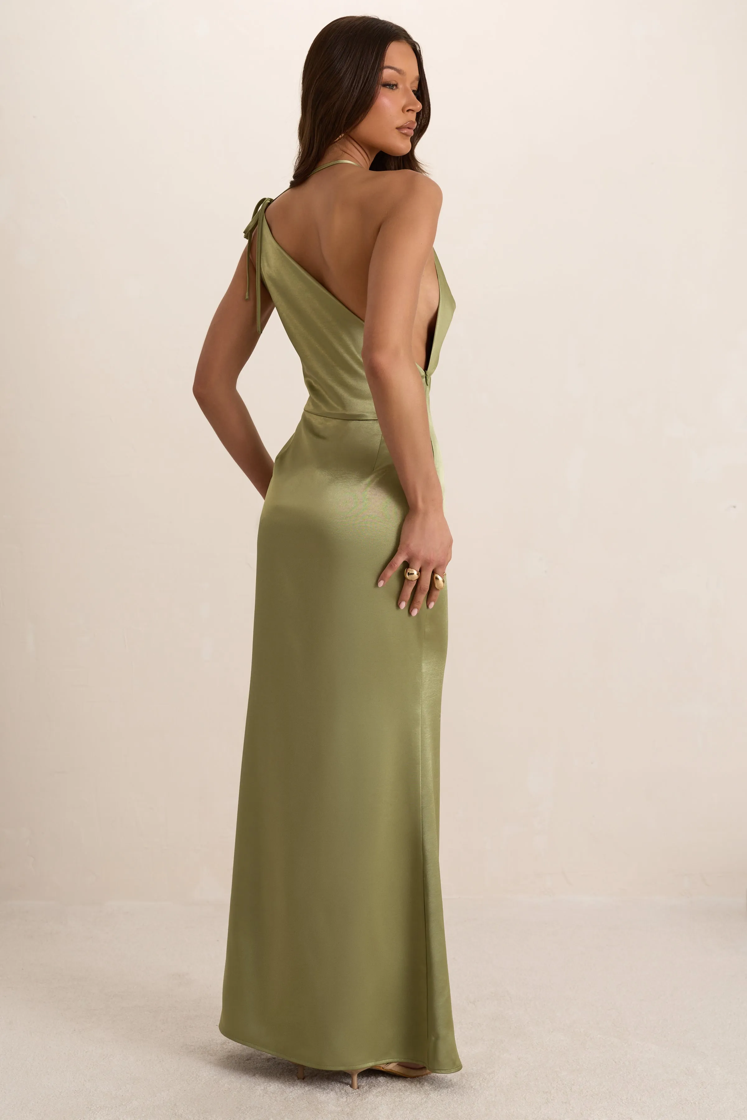 Green Satin Asymmetrical Cowl Seam Maxi Dress sold by Missy Empire product image thumbnail 2