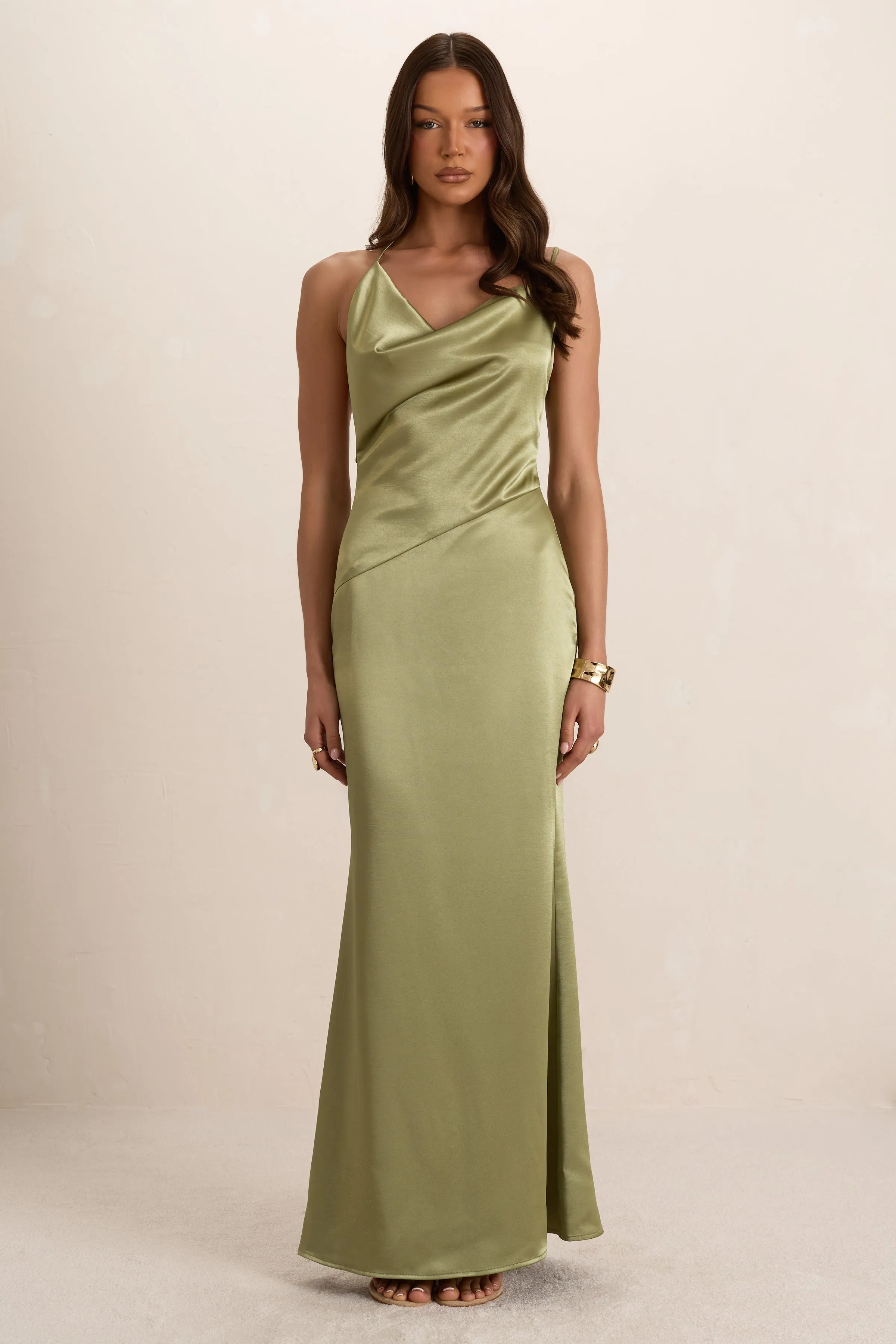 Green Satin Asymmetrical Cowl Seam Maxi Dress sold by Missy Empire product image thumbnail 4