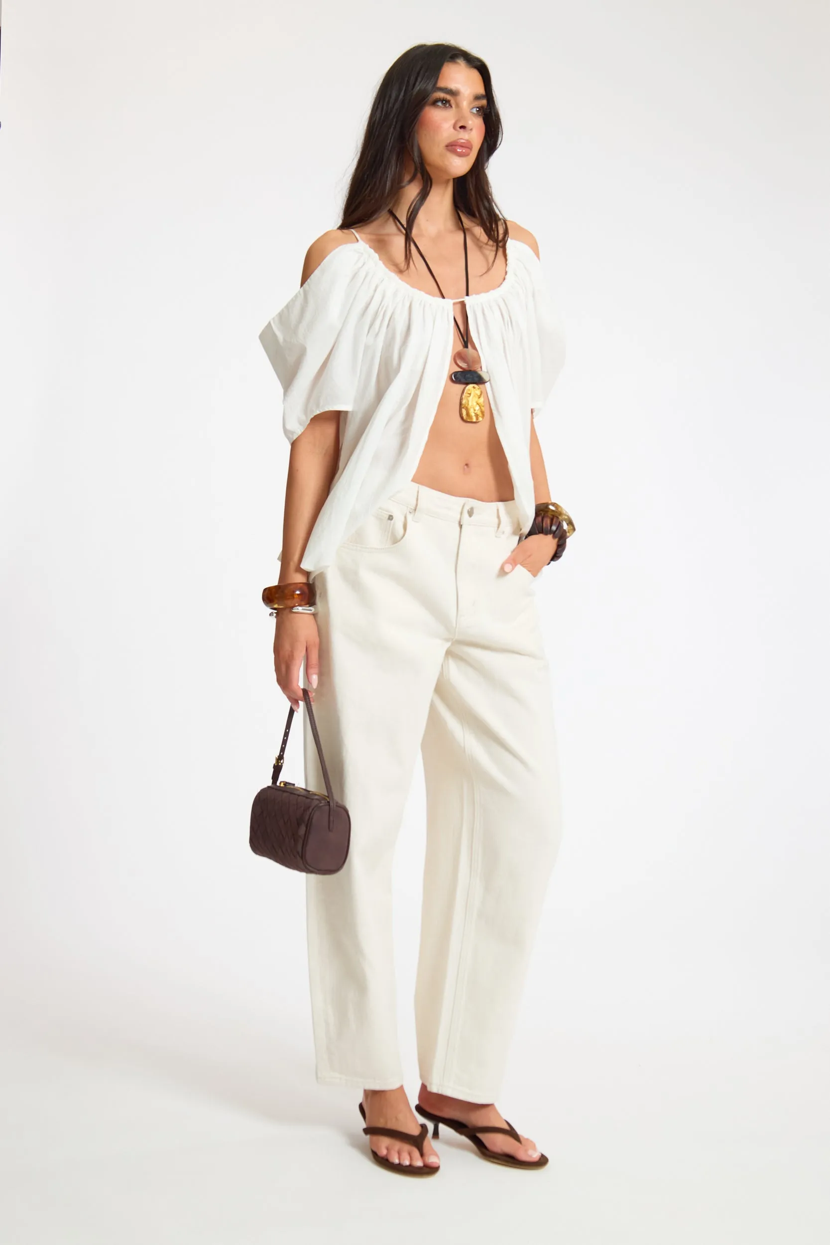 Linen Ruched Off Shoulder Split Front Top sold by Missy Empire