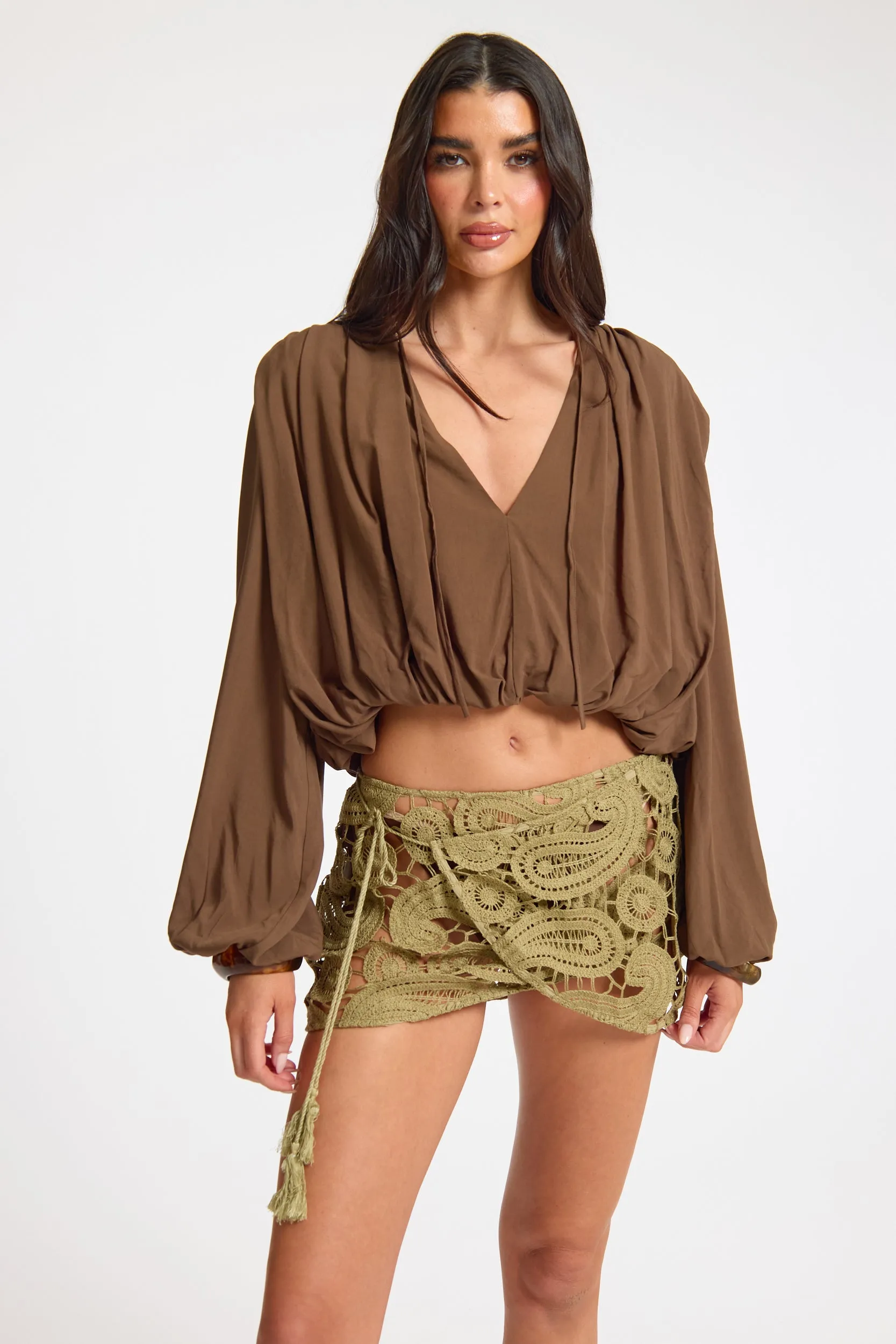 Woven Ruched Plunge Blouse Short Sleeve Shirt sold by Missy Empire