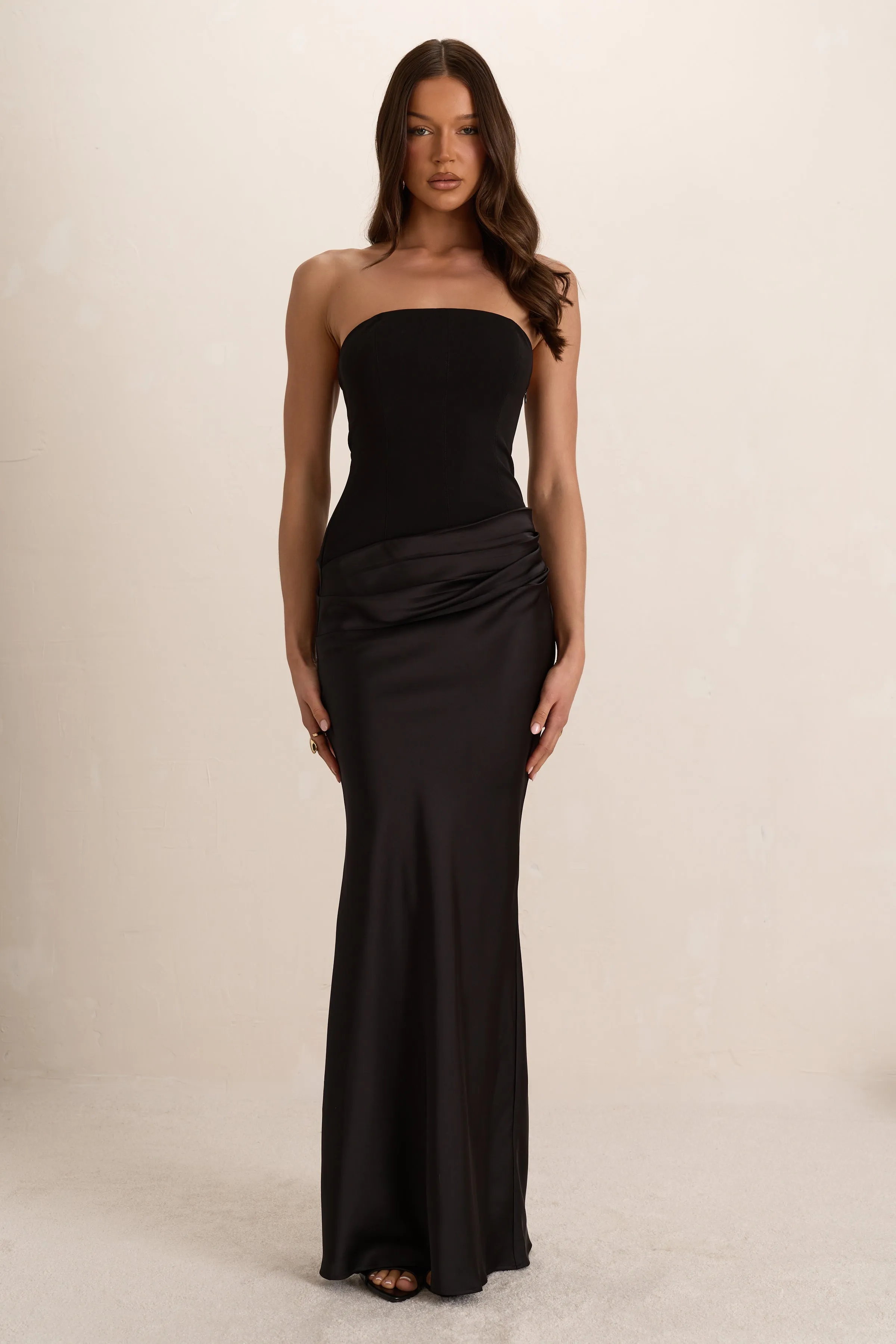 Black Woven Corset Top Pleated Satin Maxi Dress sold by Missy Empire product image thumbnail 2