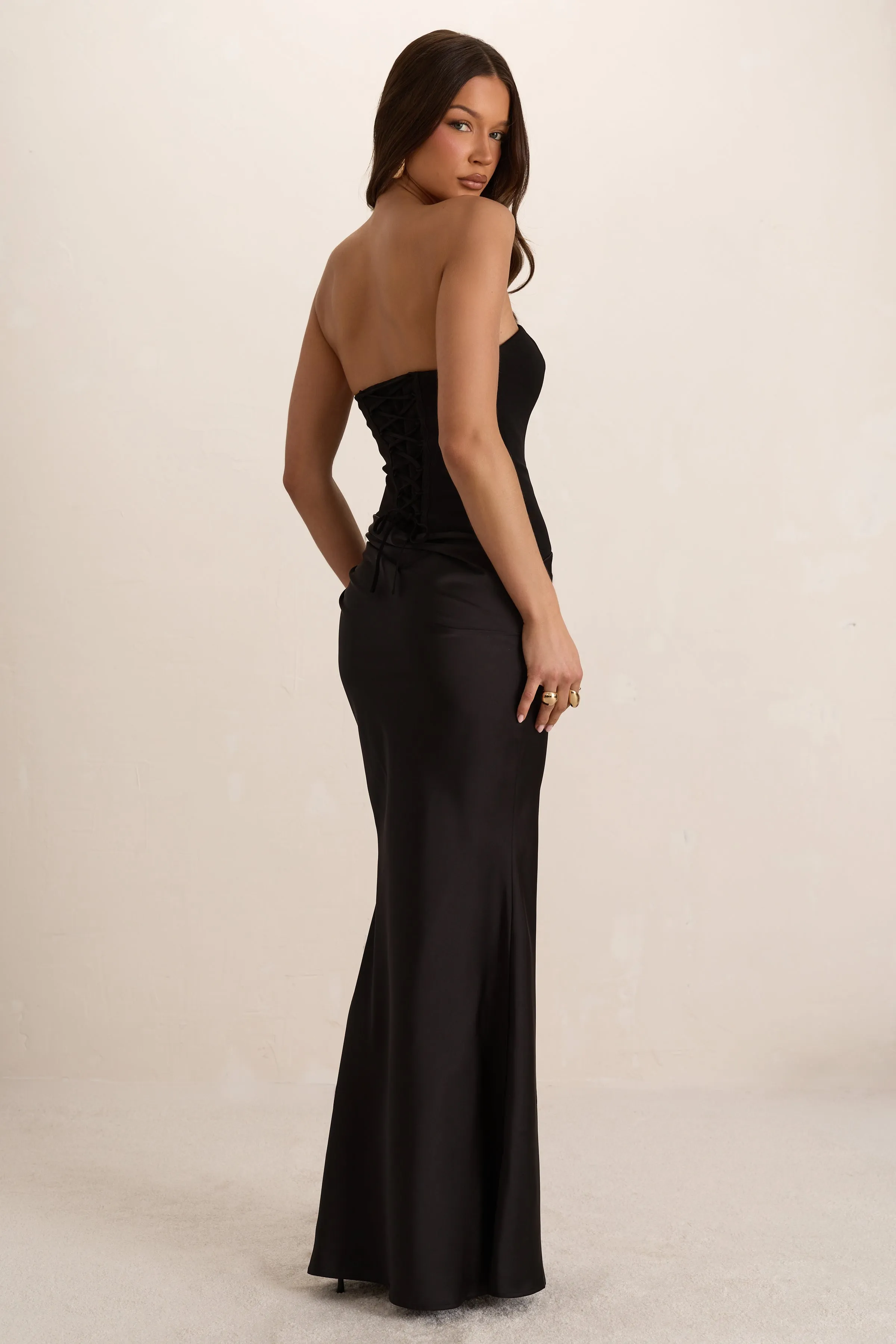 Black Woven Corset Top Pleated Satin Maxi Dress sold by Missy Empire product image thumbnail 4