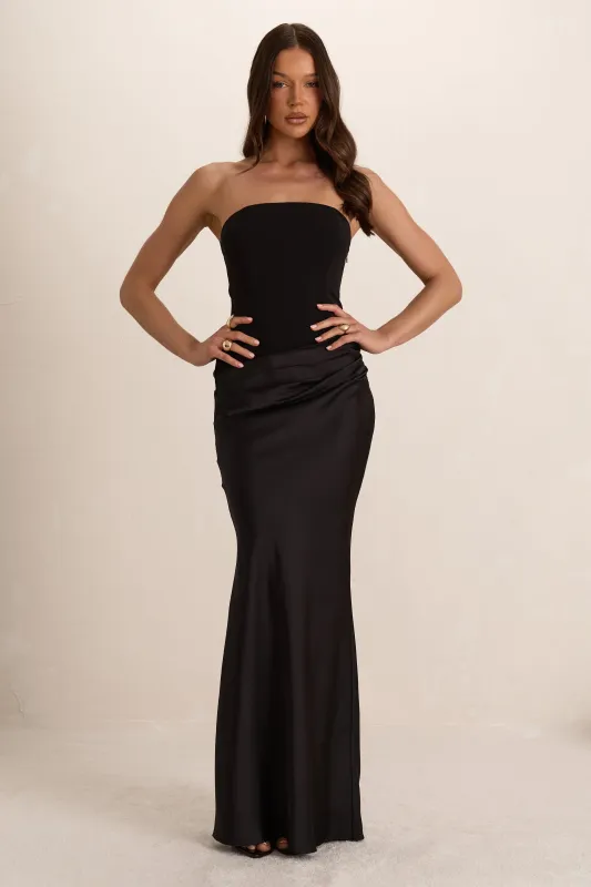 Black Woven Corset Top Pleated Satin Maxi Dress made by Missy Empire