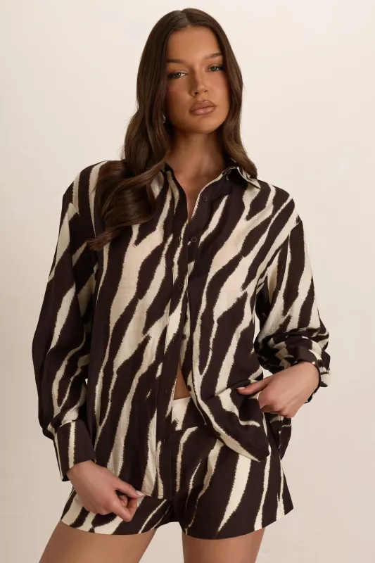 Brown Woven Zebra Oversized Shirt Cuffed made by Missy Empire