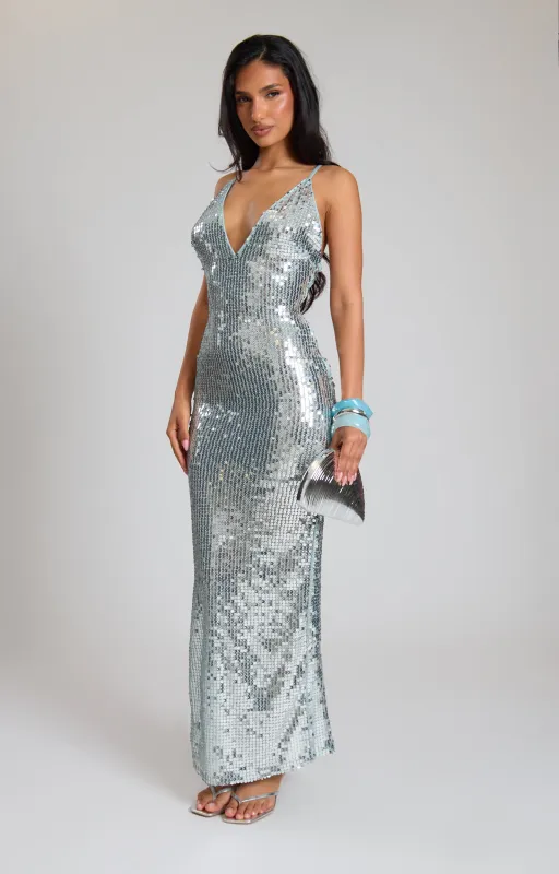 Sky Blue Sequin Plunge Low Back Maxi Dress made by Missy Empire