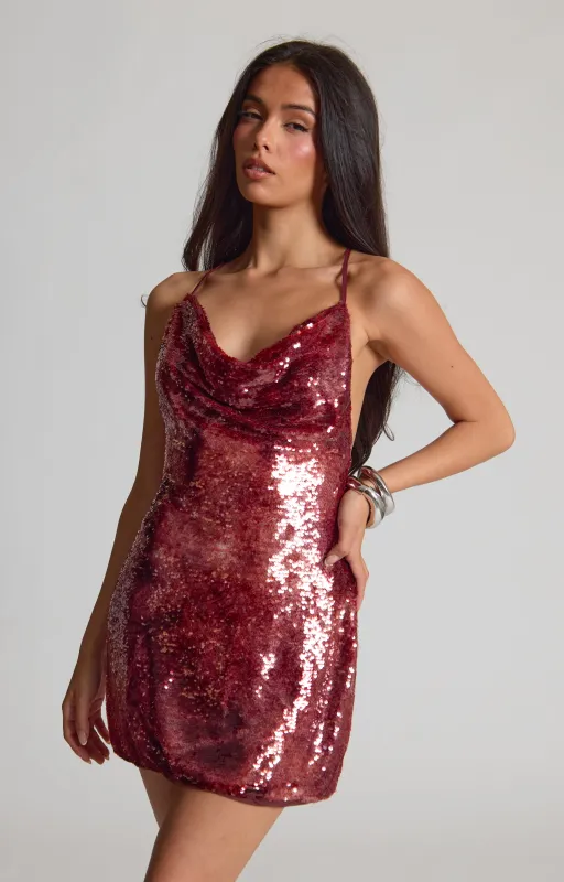 Dark Red Textured Sequin Cowl Fitted Mini Dress made by Missy Empire