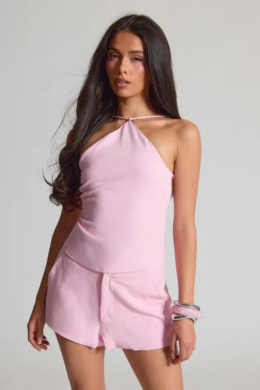 Pink Linen Back Strappy Top made by Missy Empire