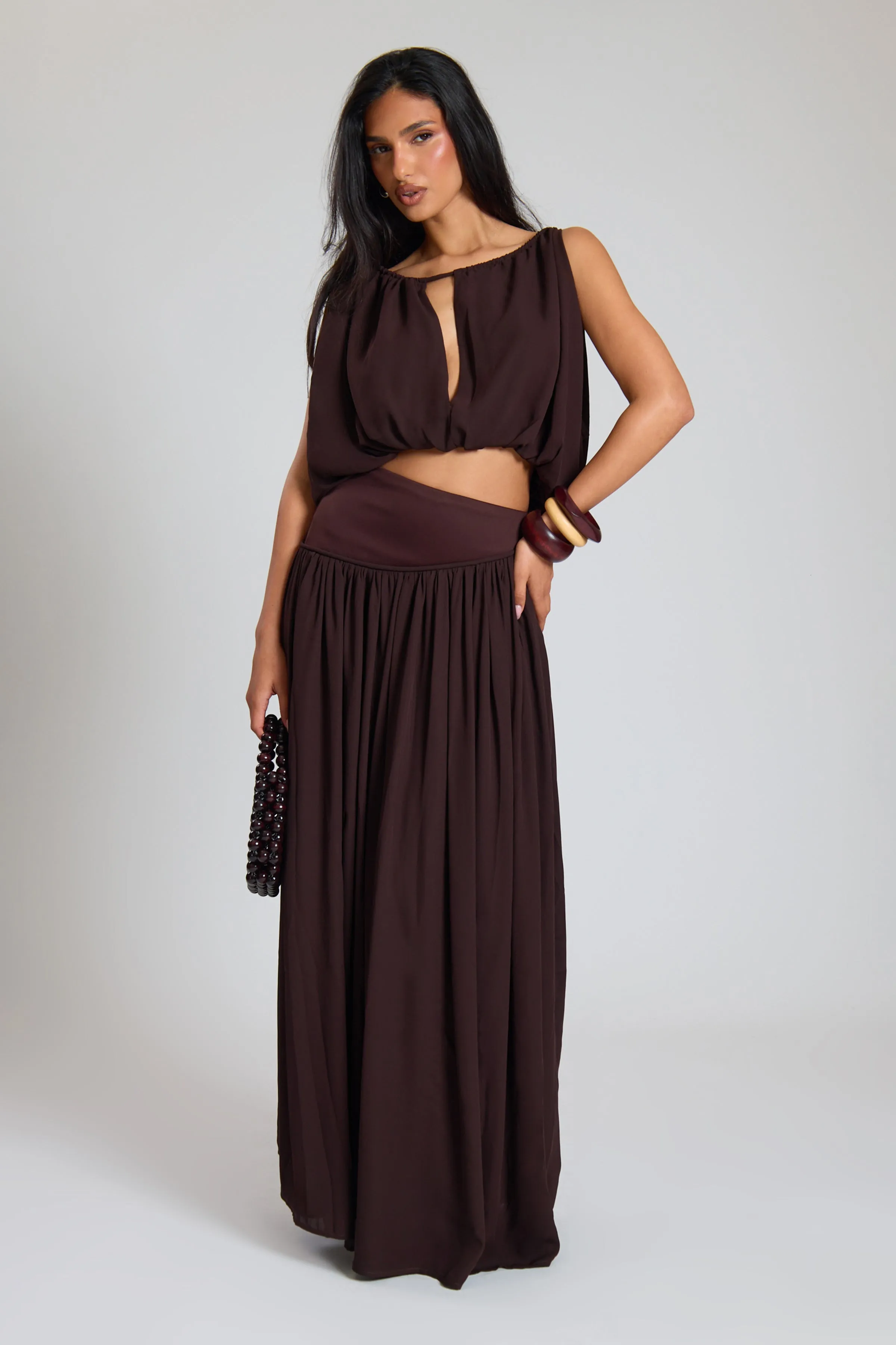 Chocolate Woven Ruched Tie Front Crop Top sold by Missy Empire product image thumbnail 4