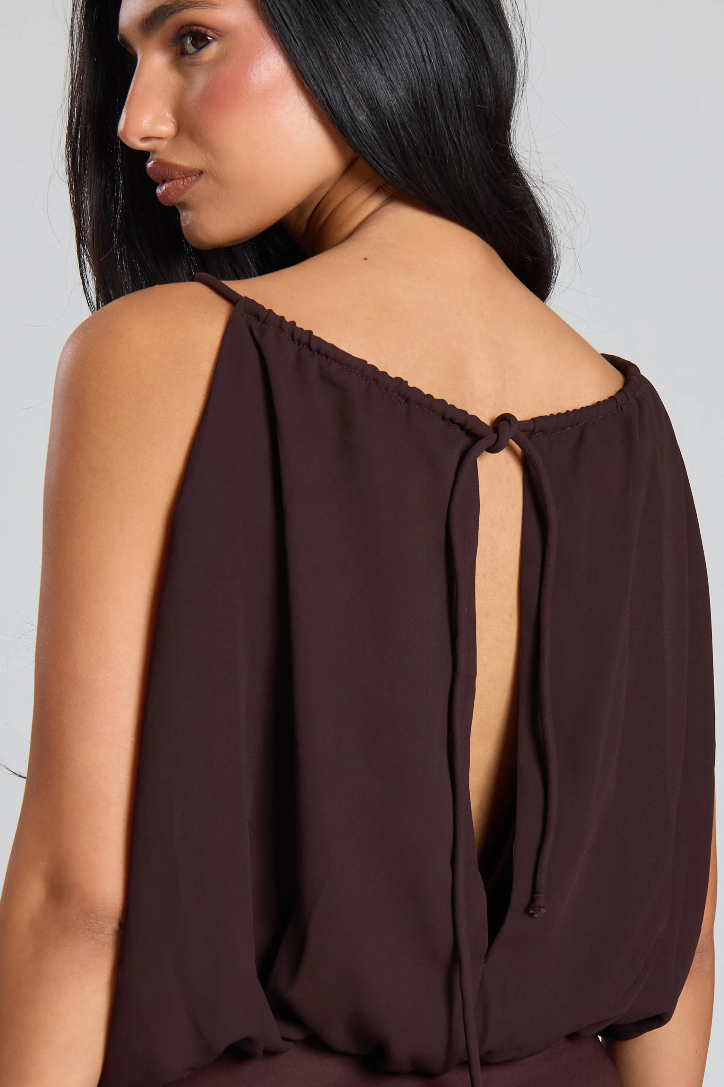 Chocolate Woven Ruched Tie Front Crop Top sold by Missy Empire product image thumbnail 3