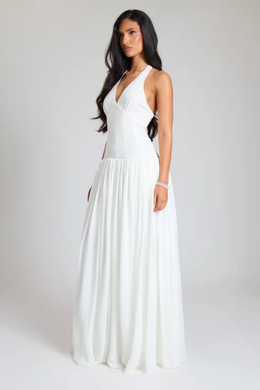 Cream Woven Plunge Boned Lace Up Halterneck Corset Maxi Dress made by Missy Empire