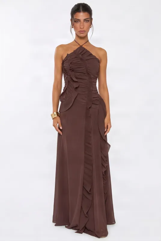 Chocolate Halter Ruffle Maxi Dress made by Missy Empire