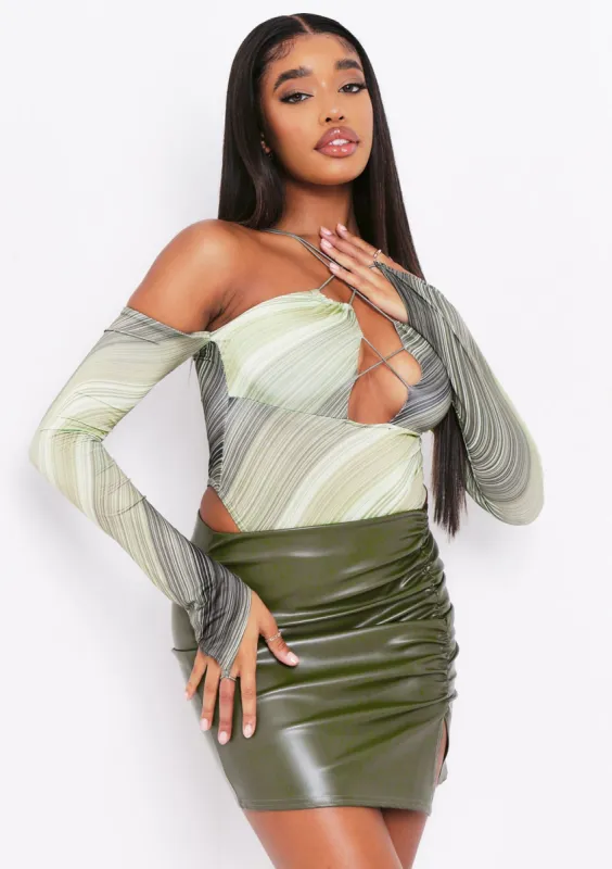 Amelie Khaki Ruched PU Split Front Mini Skirt sold by Missy Empire