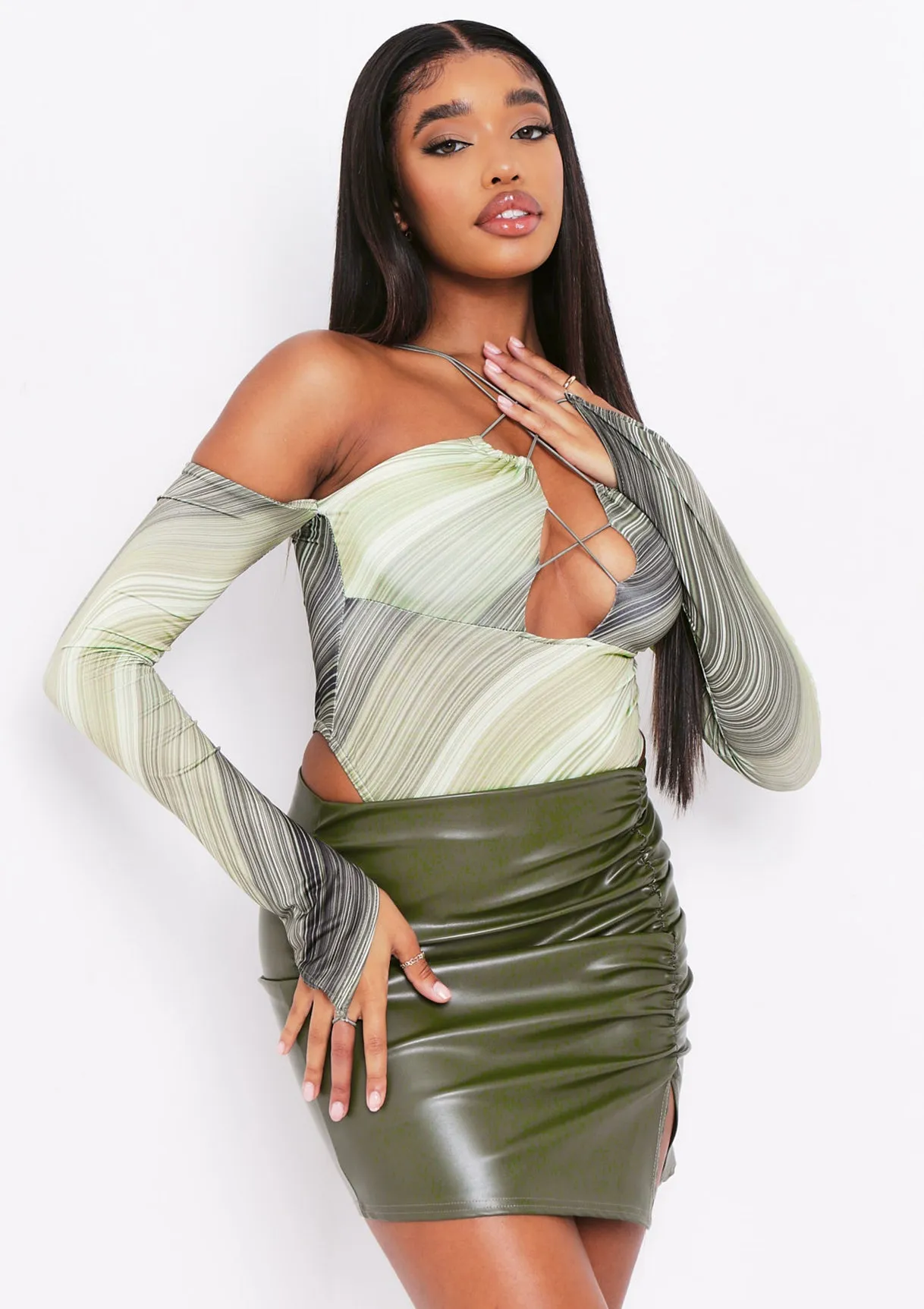 Amelie Khaki Ruched PU Split Front Mini Skirt sold by Missy Empire