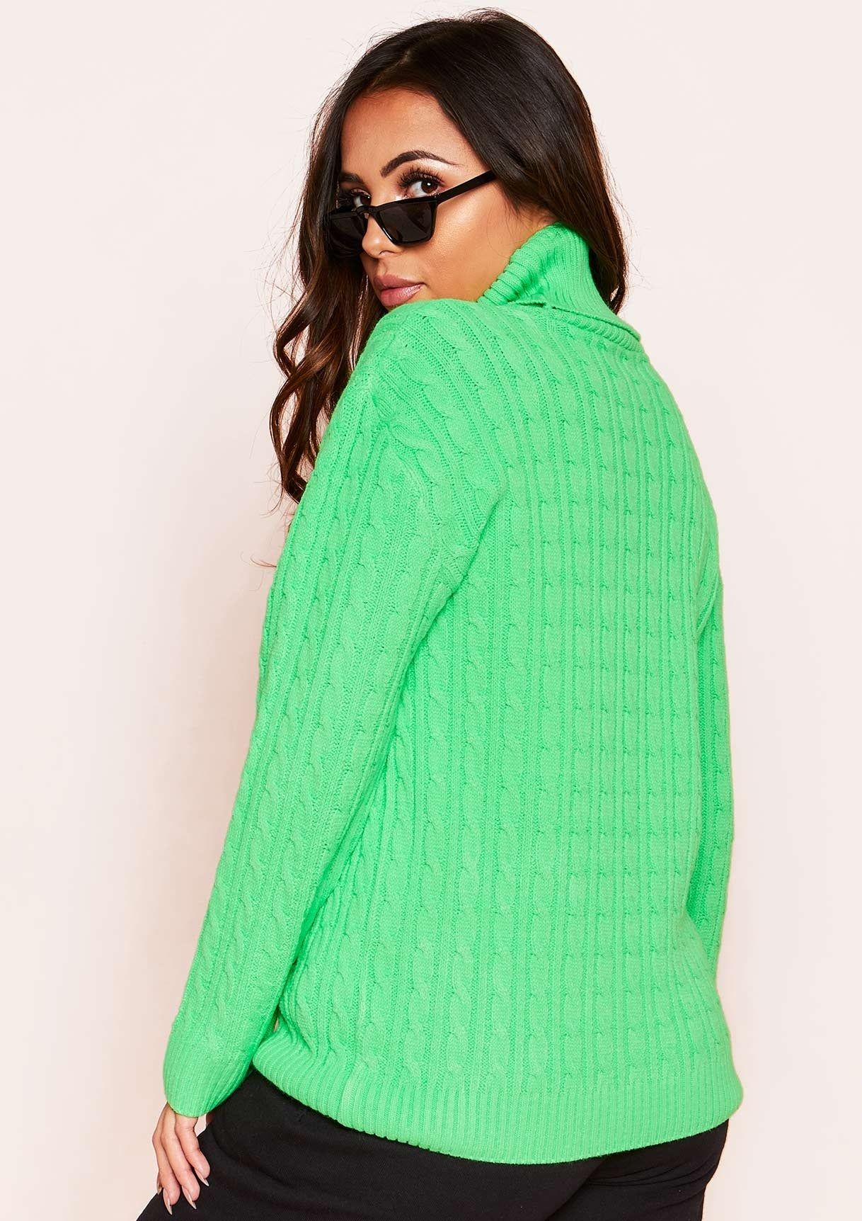 Isla Neon Green Roll Neck Knitted Cable Jumper sold by Missy Empire product image thumbnail 2