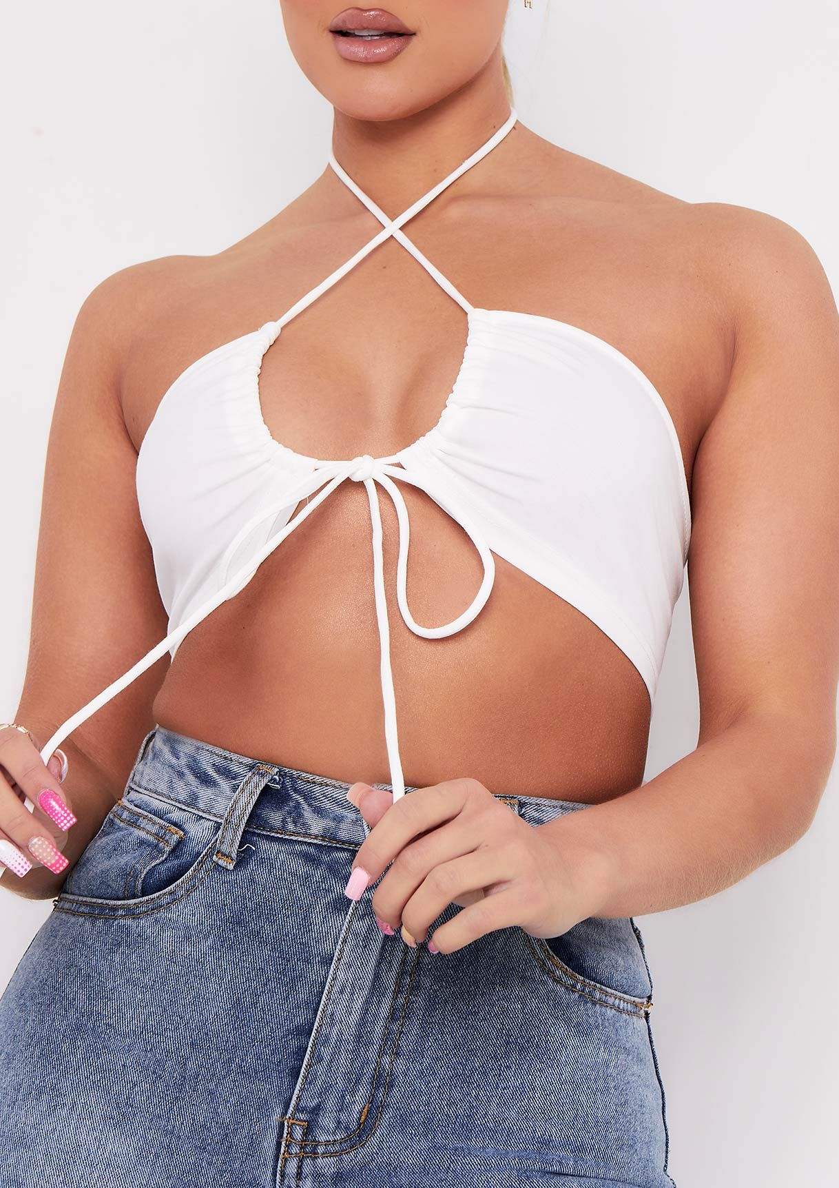 Bexli White Cross Strap Ruched Bralet sold by Missy Empire