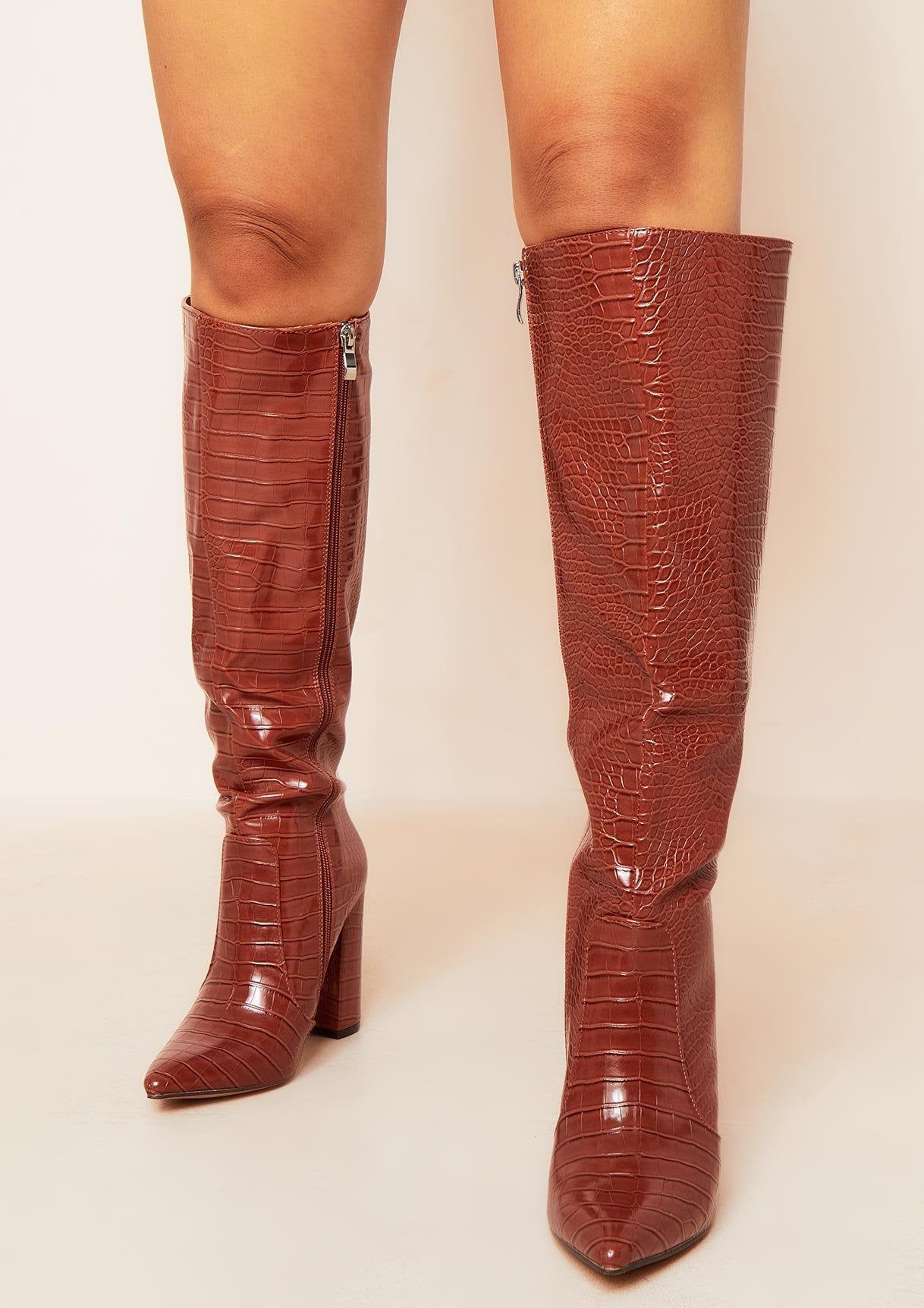 Millie Brown Knee High Croc Heeled Boots sold by Missy Empire product image thumbnail 2