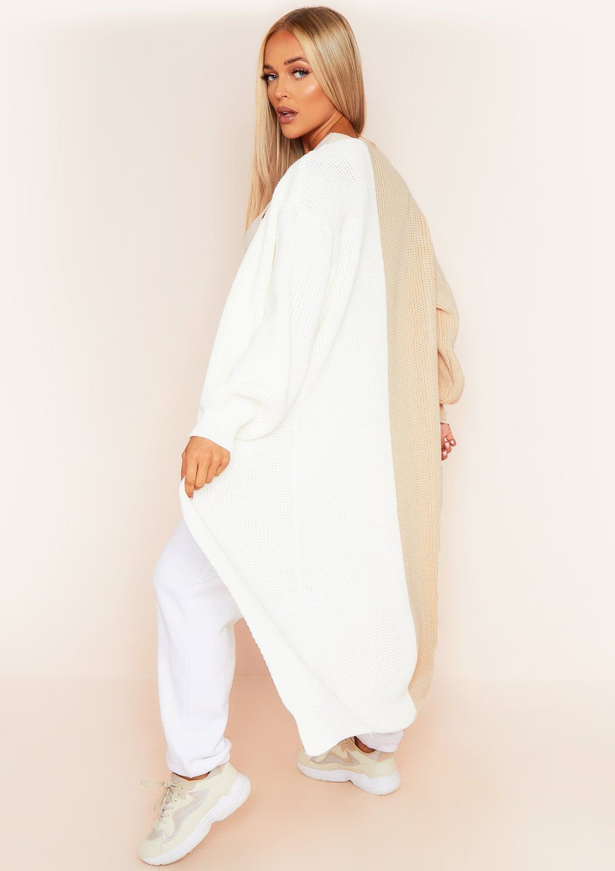 Chantel Beige Cream Contrast Spliced Longline Knitted Cardigan sold by Missy Empire