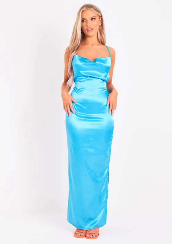 Adeline Blue Satin Cross Back Maxi Dress sold by Missy Empire