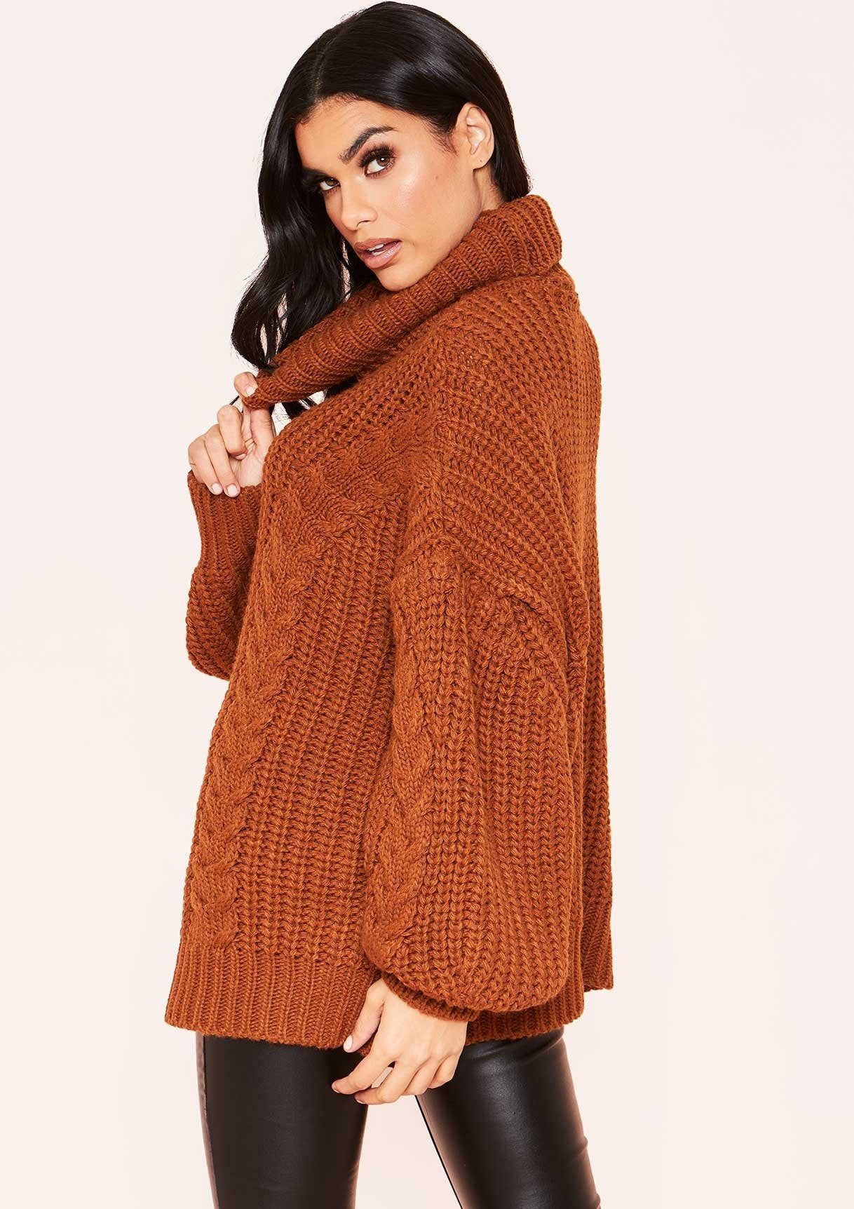 Francesca Brown Cable Knit Roll Neck Oversized Jumper sold by Missy Empire product image thumbnail 4