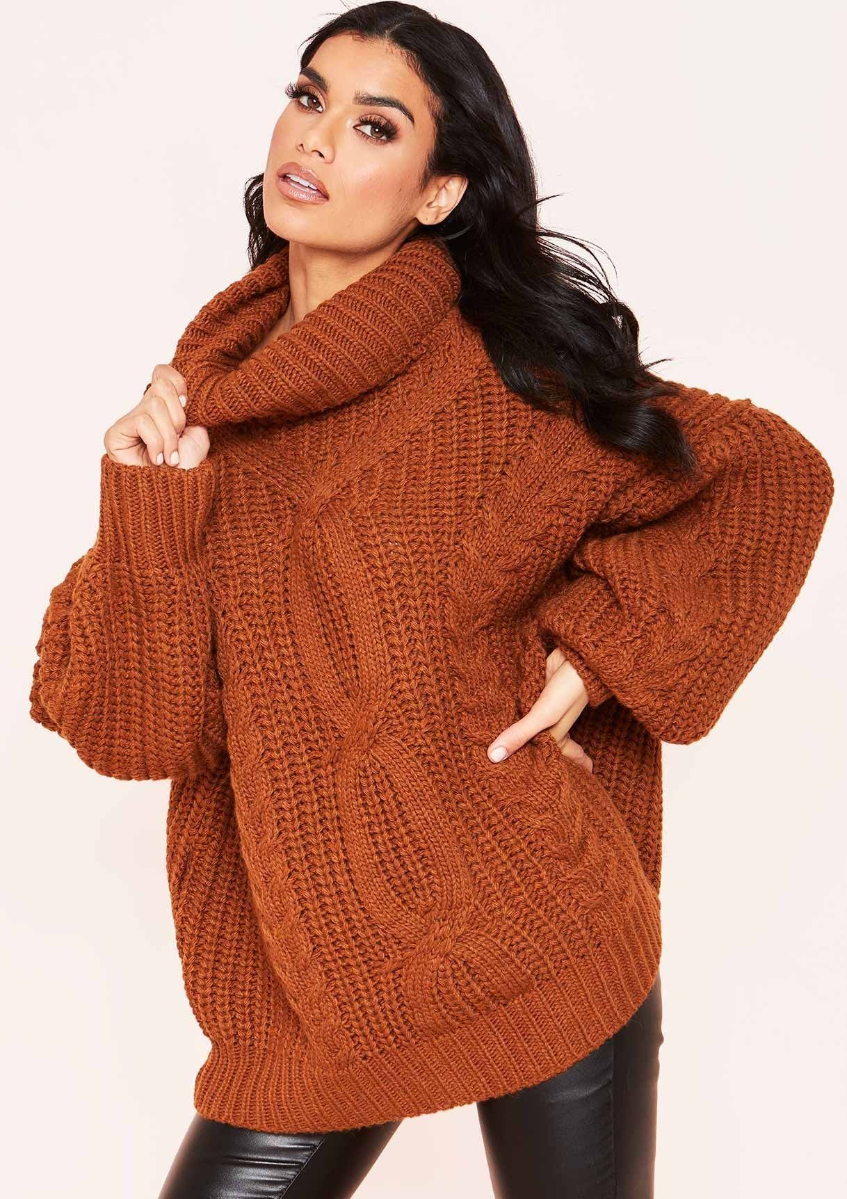 Francesca Brown Cable Knit Roll Neck Oversized Jumper sold by Missy Empire