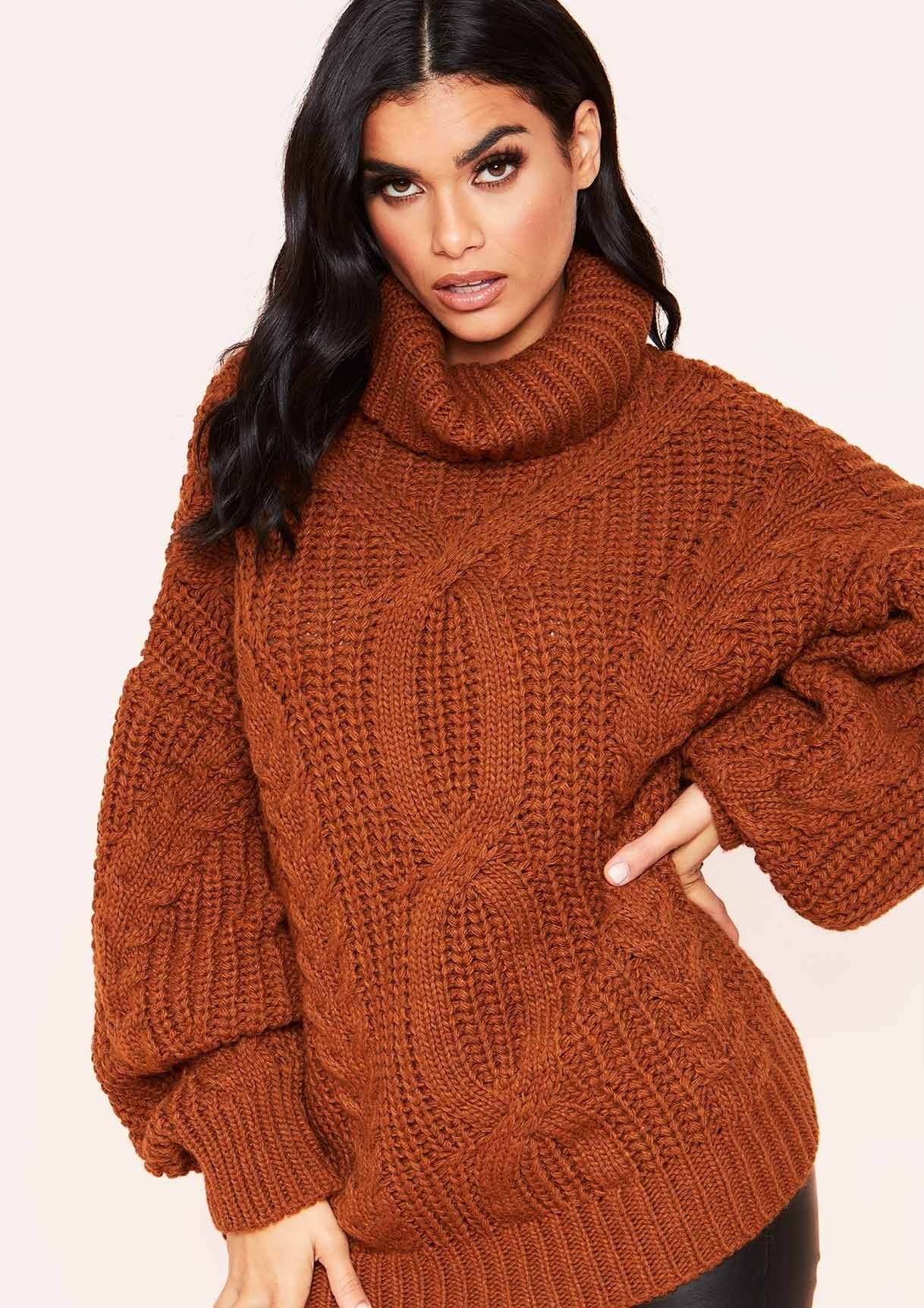Francesca Brown Cable Knit Roll Neck Oversized Jumper sold by Missy Empire product image thumbnail 5