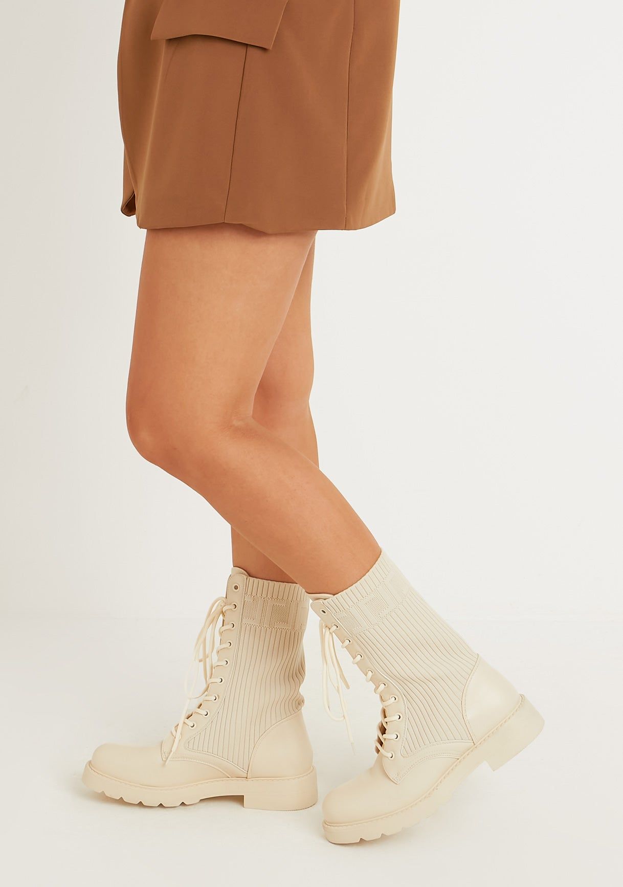 Kimi Beige Lace Up Knitted Chunky Sole Boots sold by Missy Empire