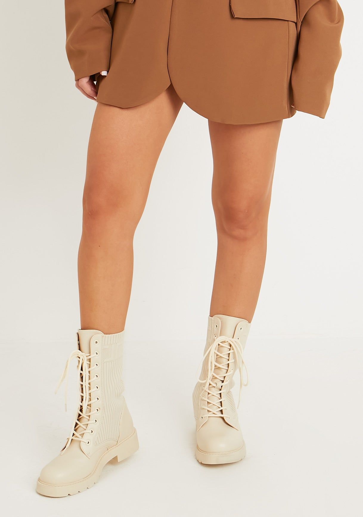 Kimi Beige Lace Up Knitted Chunky Sole Boots sold by Missy Empire product image thumbnail 2