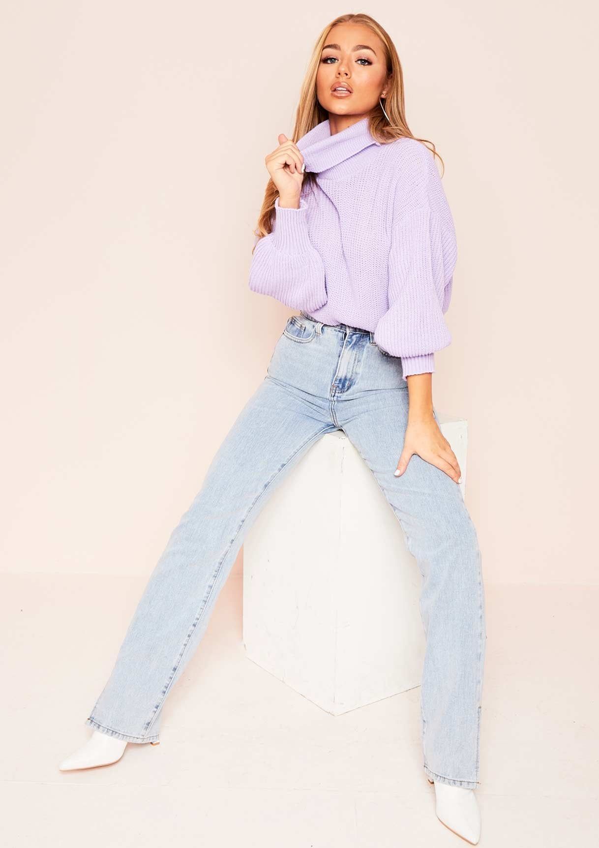 Della Lilac Balloon Sleeve Roll Neck Knitted Jumper sold by Missy Empire