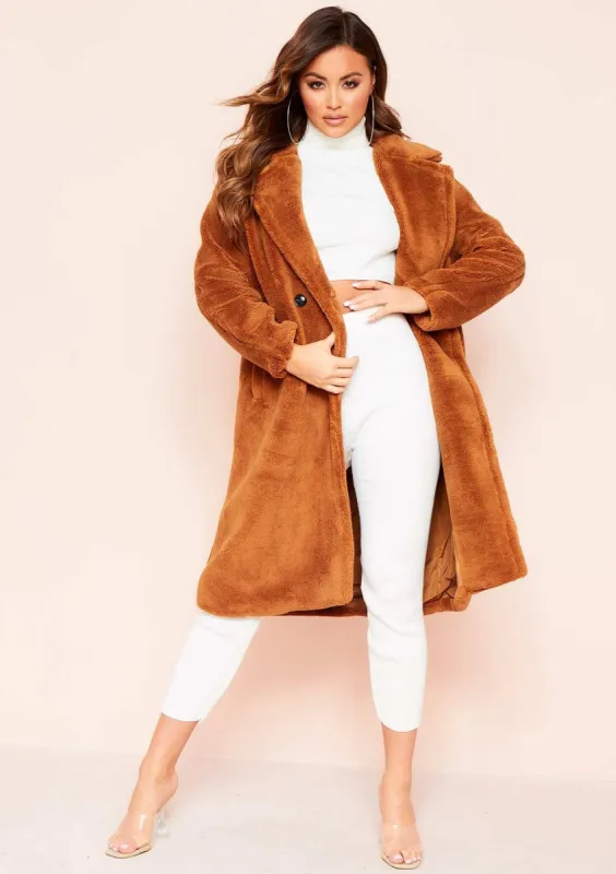 Remy Brown Faux Fur Midi Oversized Coat sold by Missy Empire