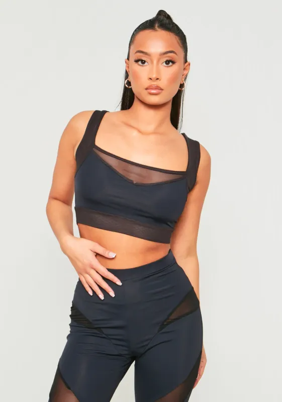 Khloe Black Sculpting Crop Top With Mesh Panels sold by Missy Empire
