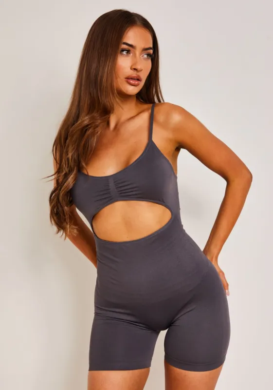 Carlie Charcoal Seamless Cut Out Contour Waist Unitard sold by Missy Empire