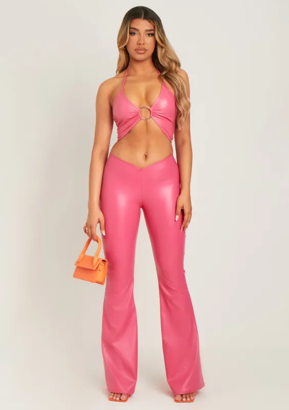 Felicity Pink PU Flared Trousers sold by Missy Empire