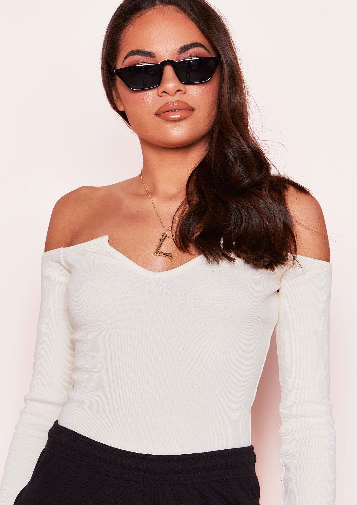 Hugh Cream V-Neck Ribbed Long Sleeve Bodysuit sold by Missy Empire product image thumbnail 4