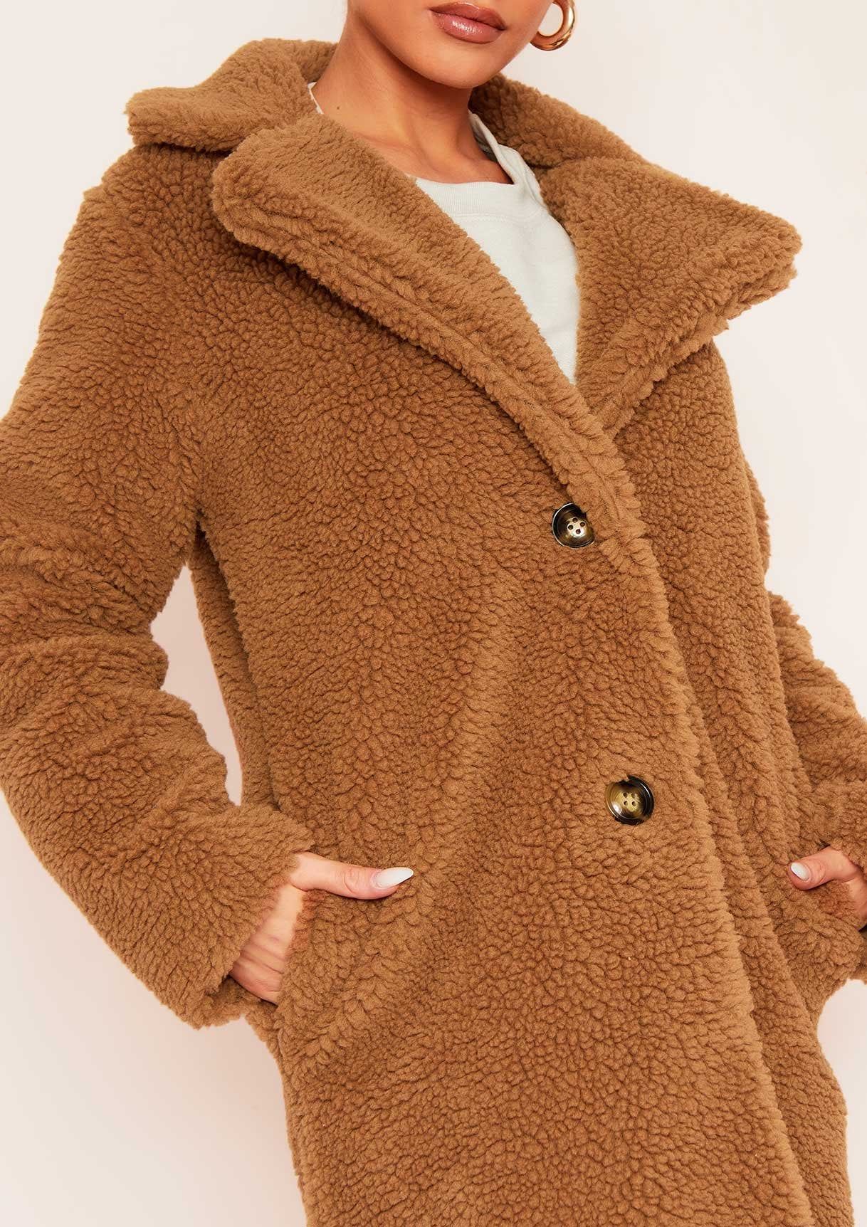 Bella Camel Longline Borg Fur Coat sold by Missy Empire product image thumbnail 3