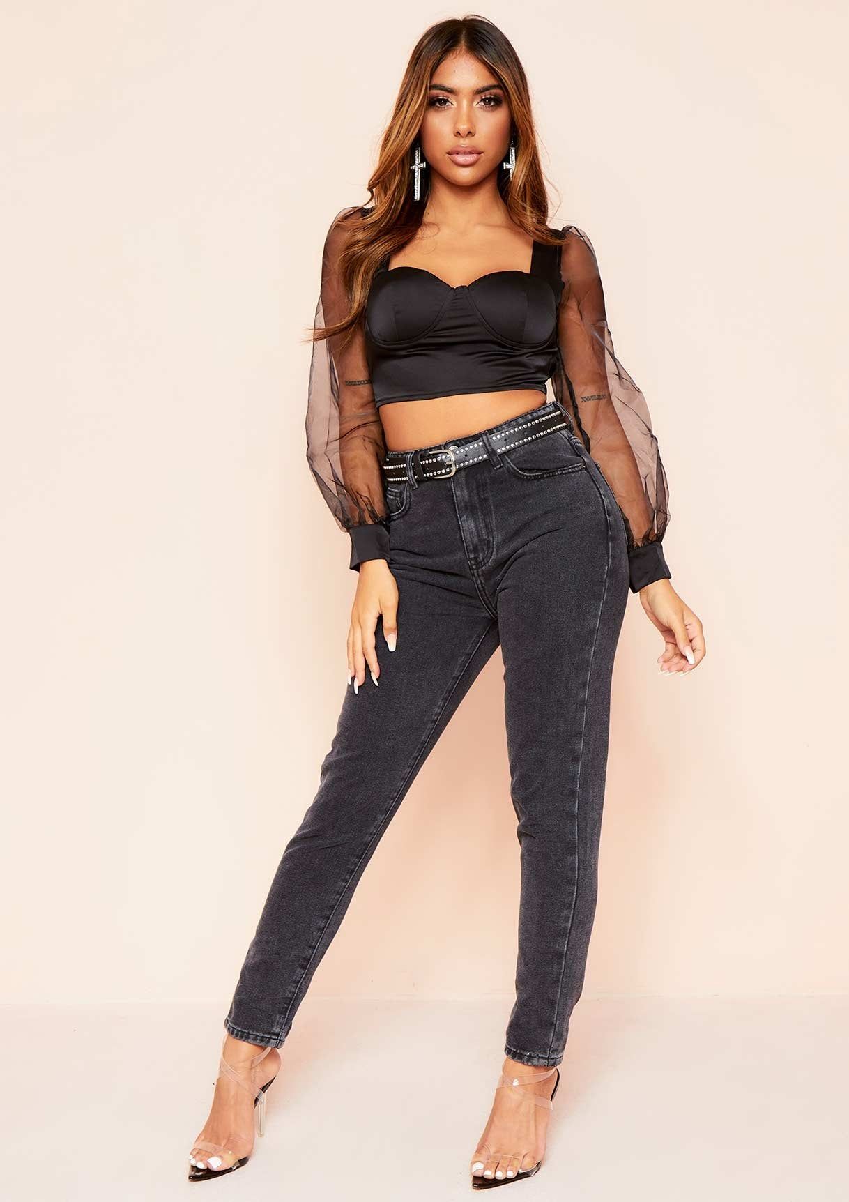 Zara Black Satin Puff Sleeve Tie Crop Top sold by Missy Empire product image thumbnail 4