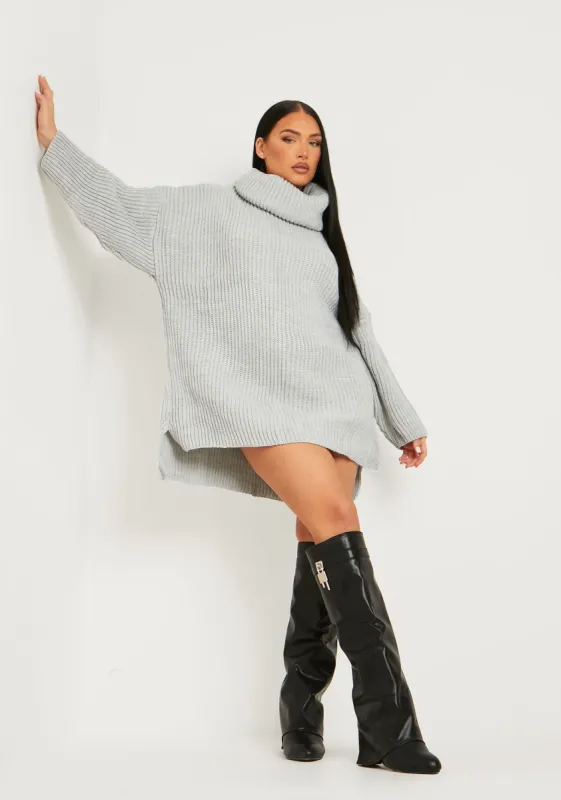 Courtney Light Grey Roll Neck Knitted Dip Hem Jumper Dress sold by Missy Empire