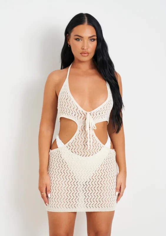 Aarya Cream Knit Cut Out Mini Dress sold by Missy Empire