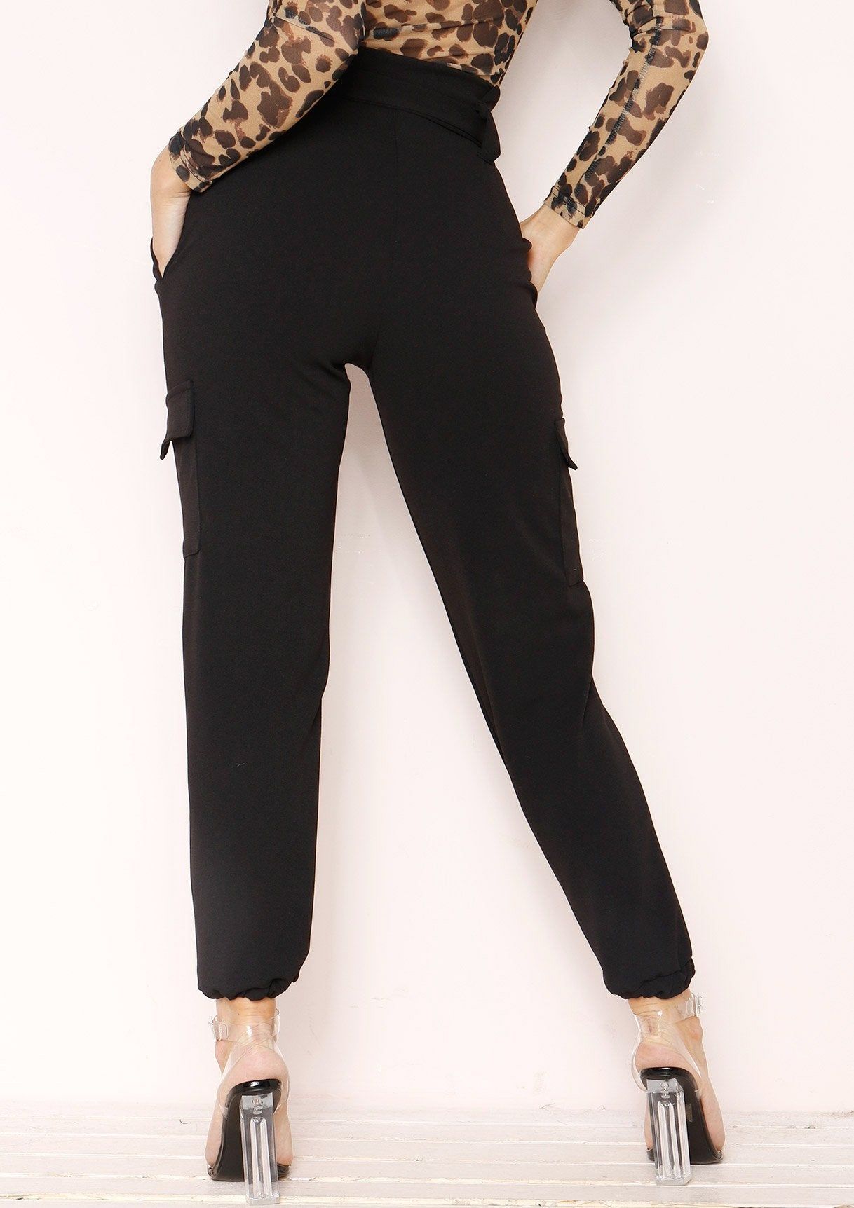 Kattie Black Belted Pocket Cargo Trousers sold by Missy Empire product image thumbnail 3