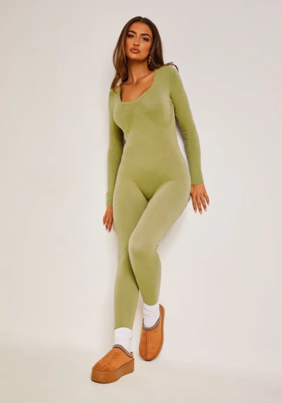 Savannah Olive Knitted Long Sleeve Jumpsuit sold by Missy Empire