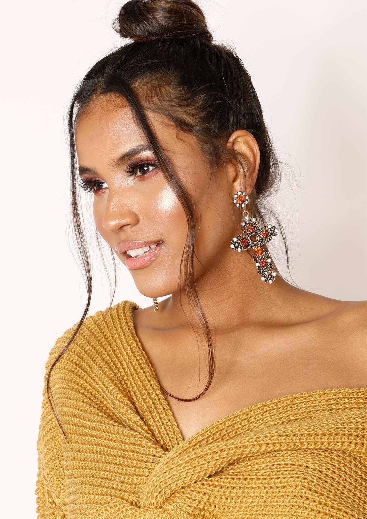 Winnie Gold Bronze Diamante Cross Earrings sold by Missy Empire product image thumbnail 2