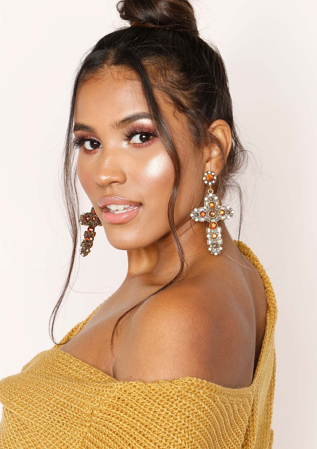 Winnie Gold Bronze Diamante Cross Earrings sold by Missy Empire product image thumbnail 4