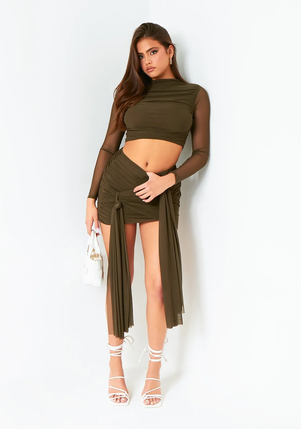 Alanna Dark Khaki Mesh Drape Detail Mini Skirt sold by Missy Empire
