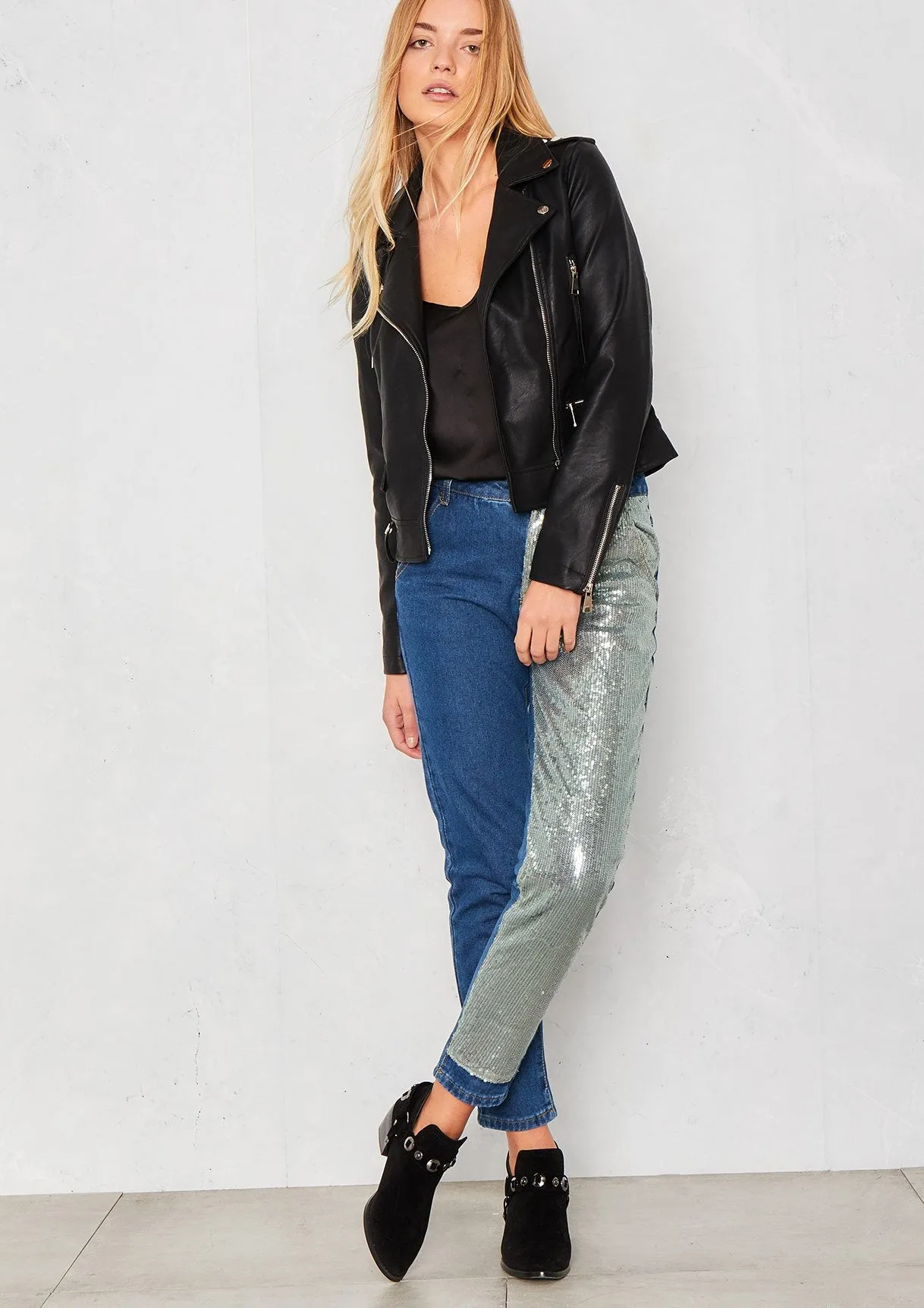 Evy Blue Denim Sequin Leg Jeans sold by Missy Empire