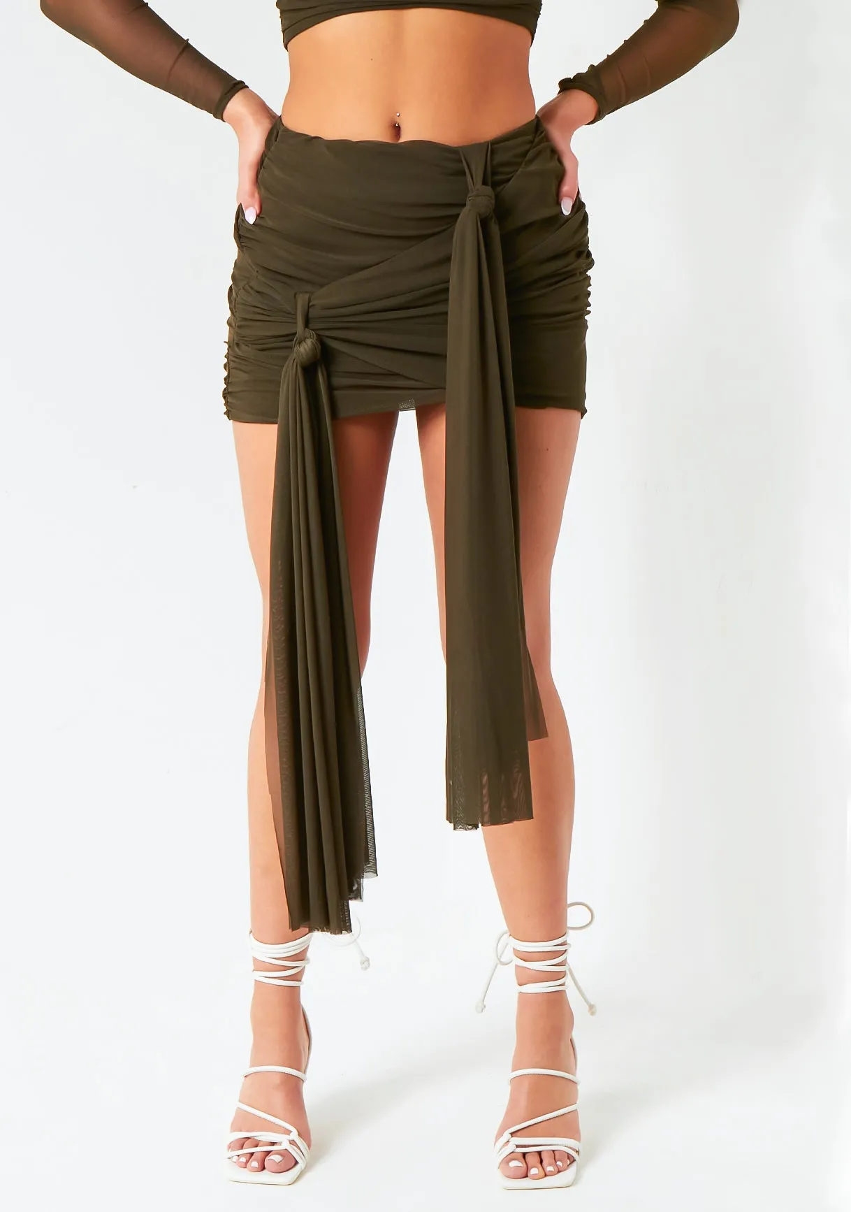 Alanna Dark Khaki Mesh Drape Detail Mini Skirt sold by Missy Empire product image thumbnail 2