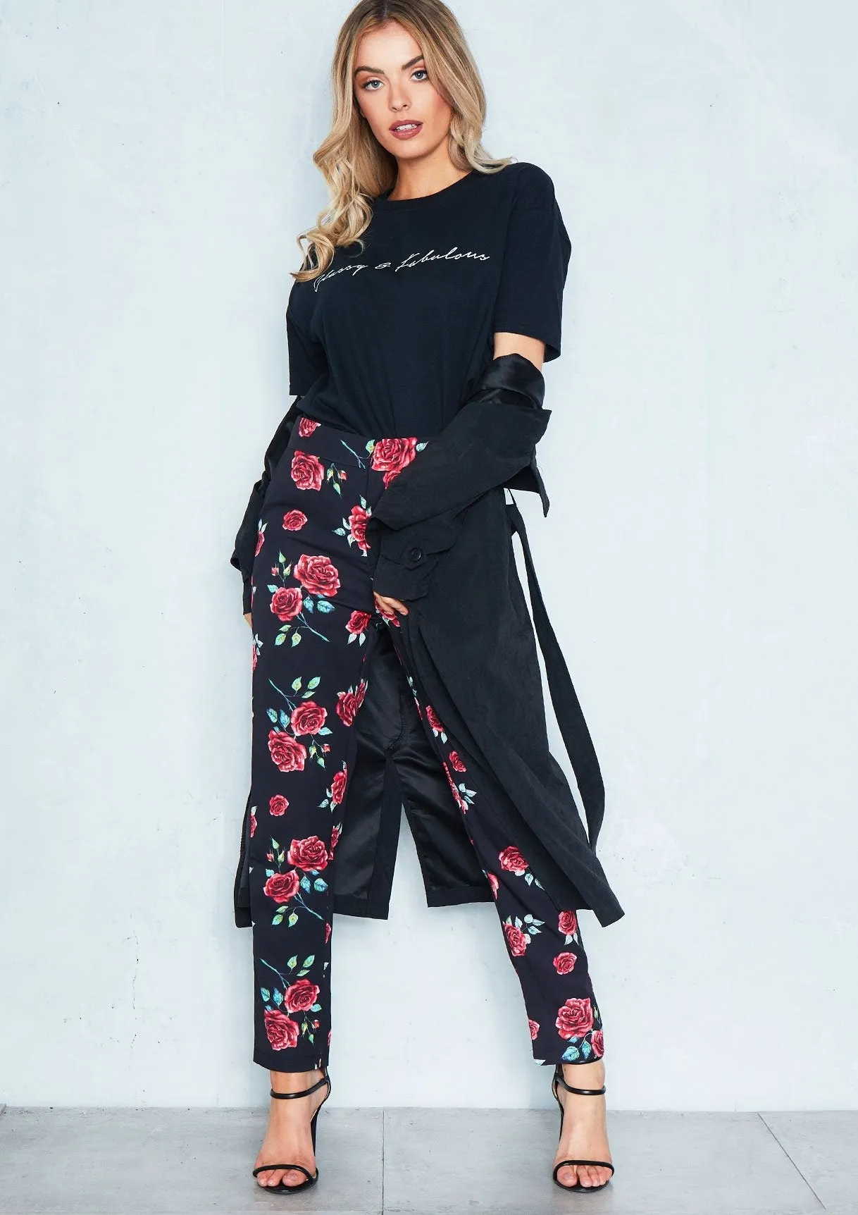 Hollie Black Floral Cigarette Trousers sold by Missy Empire product image thumbnail 4