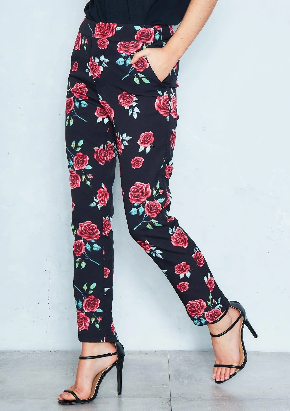 Hollie Black Floral Cigarette Trousers sold by Missy Empire