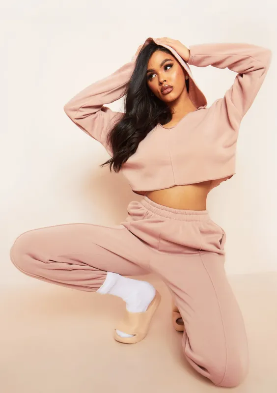 Rhea Beige V Neck Seam Detail Cropped Hoodie sold by Missy Empire