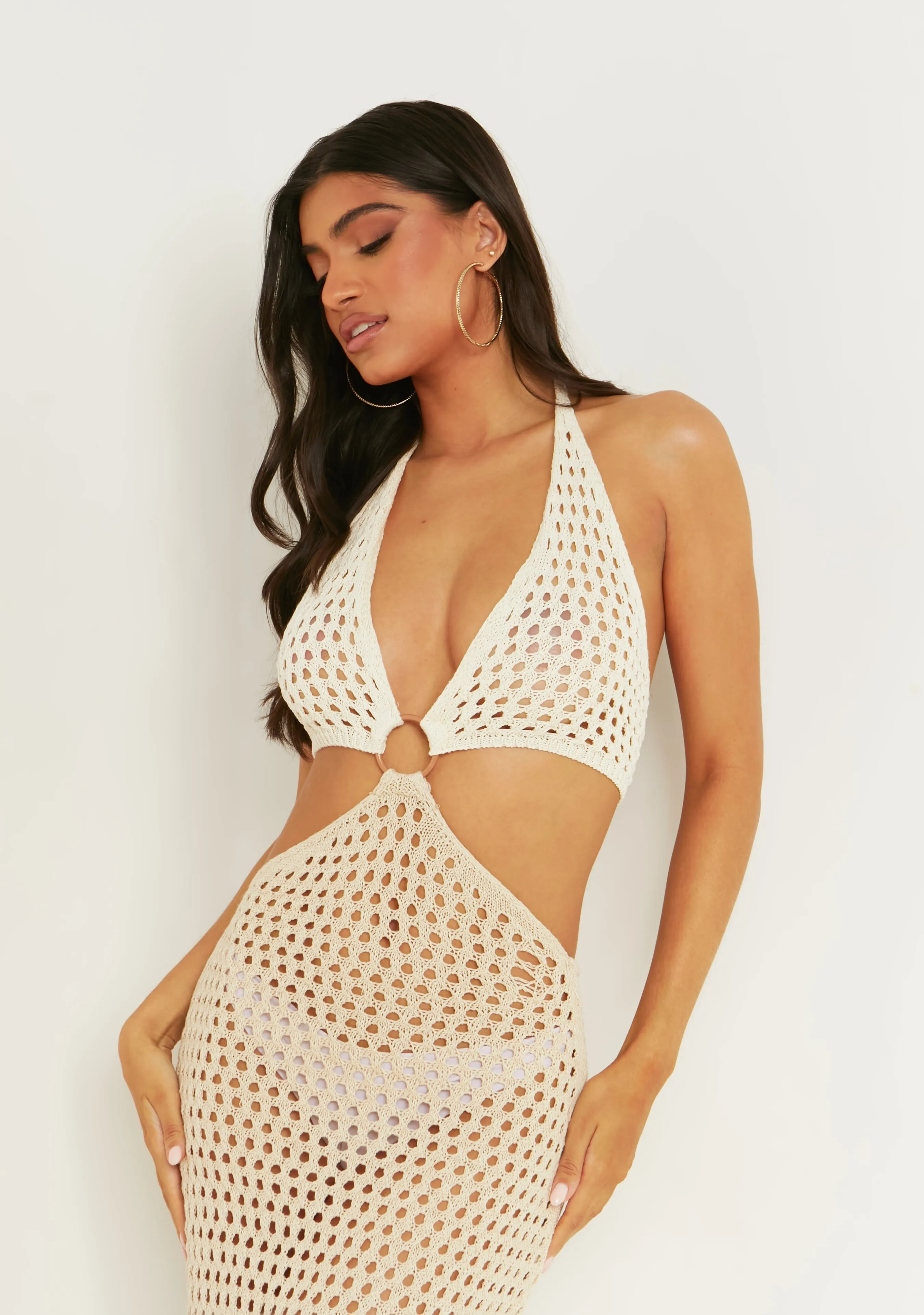 Lola Neutral Two Tone Crochet Maxi Dress sold by Missy Empire product image thumbnail 2